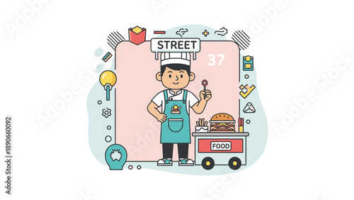 Illustration of a happy street food vendor with a food cart selling burgers and lollipops on Street 37, surrounded by various small icons.