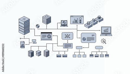 Complex data processing and storage system diagram with various interconnected components.