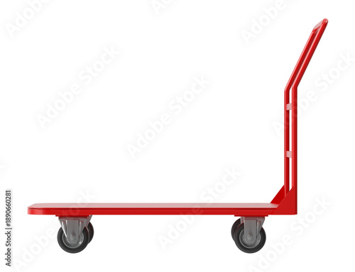 Foto Red flatbed trolley with wheels and handle for moving goods