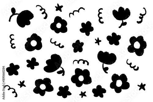 手描き風フラワーと植物のシルエット素材集｜水彩インク調のナチュラルで北欧テイストなモノクロの装飾パーツ