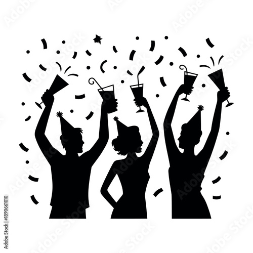 Three people celebrating a party with confetti and drinks in a joyful atmosphere