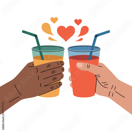 Two people clinking colorful drinks together in a toast with hearts above