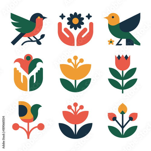 A collection of colorful flower and bird illustrations on a white background