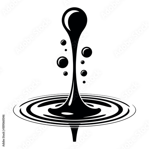 A black and white illustration of a liquid drop creating ripples in water
