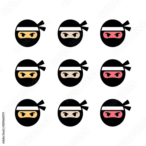 A group of cartoon ninja heads with different colored skin tones on a white background