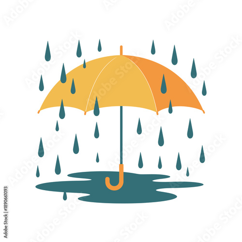 A vibrant yellow umbrella standing in a puddle on a rainy day with droplets falling all around it.