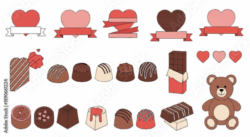 Collection of chocolate gifts and hearts with ribbons and a teddy bear illustration on a simple setting