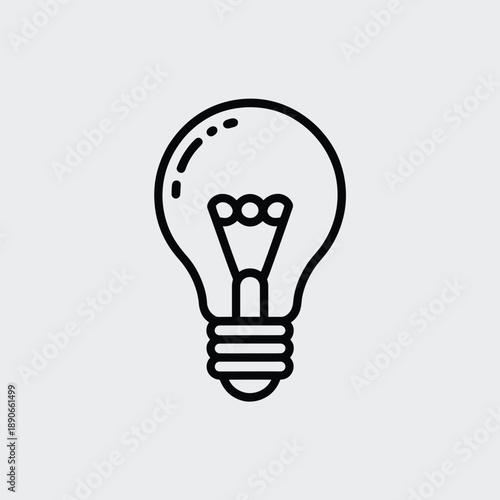 A black and white line of a light bulb with a glowing filament line black and white simple de