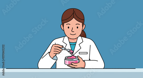 Scientist testing pink cream in a laboratory jar for research and development