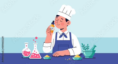 A focused chef smelling an elixir bottle, surrounded by laboratory equipment and ingredients, representing culinary innovation and sensory exploration.