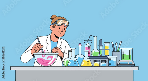 A focused scientist mixes a pink substance in a bowl surrounded by laboratory equipment and colorful liquids in a bright science lab setting.
