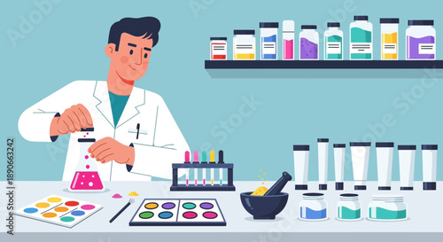 Scientist conducting experiment with colorful liquids and powders in a bright laboratory