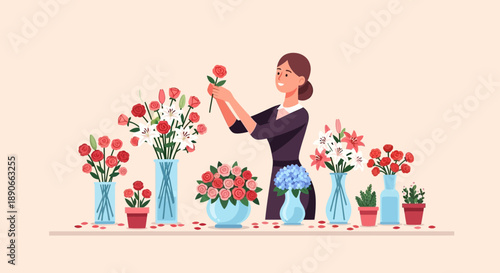 A skilled florist meticulously arranges a beautiful bouquet of roses and lilies in a bright floral shop setting