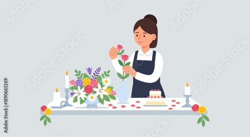 Woman arranging flowers on a table with candles and cake for a celebration