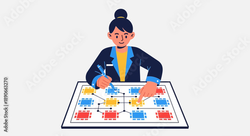 Woman planning a strategy on a board with interconnected colorful elements and a pen