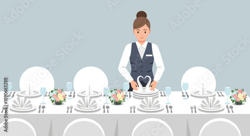 A Waitress Meticulously Setting a Formal Banquet Table with Swan Napkin Folds