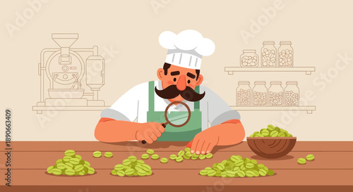 Chef inspecting green coffee beans with a magnifying glass on a wooden table