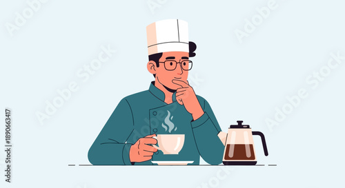 Chef enjoying a thoughtful moment with a hot beverage and coffee pot