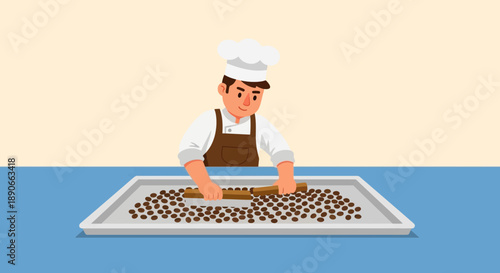 A smiling chef in an apron and hat skillfully roasts coffee beans on a tray