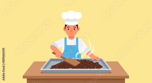 Skilled Chef Roasting Fresh Coffee Beans with a Spatula in a Tray