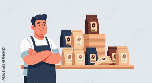 Smiling coffee shop owner with stacks of bagged coffee beans, illustration