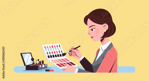 Woman applying lipstick using a palette and brush for beauty enhancement
