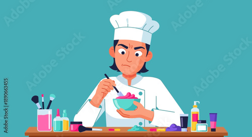 Young chef concentrating intensely while mixing pink frosting in a bowl, preparing for dessert creation.