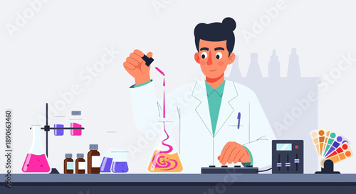 Scientist conducting a colorful liquid experiment in a modern laboratory with beakers and flasks