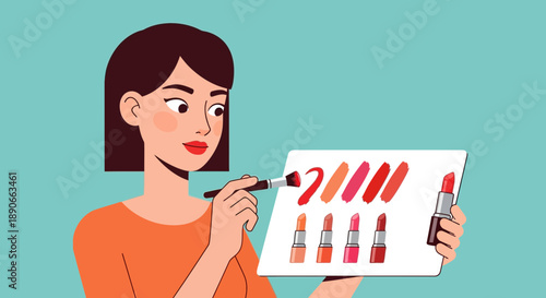 Woman testing lipstick shades with a makeup brush