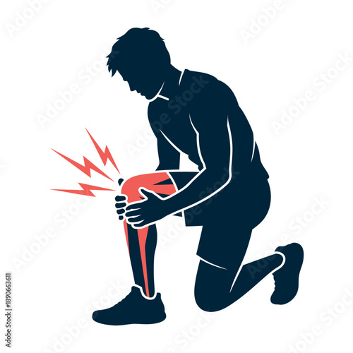 A man clutching his knee in pain with red lightning bolts indicating injury