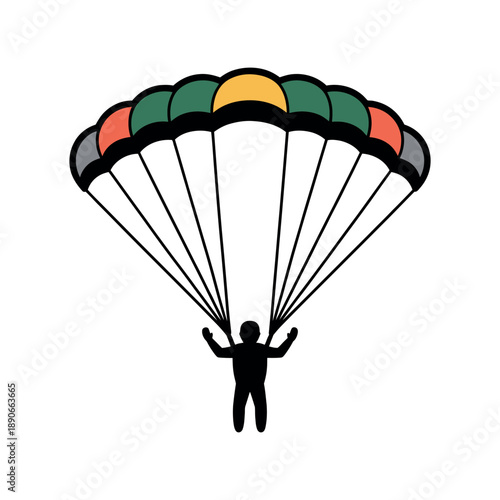 A person is parachuting through the air with a colorful parachute