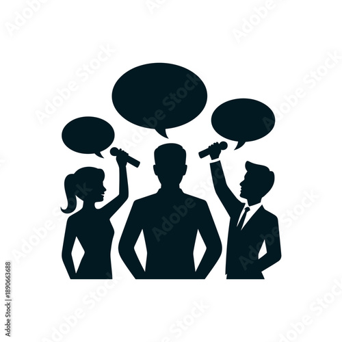 A group of people communicating effectively with microphones and speech bubbles