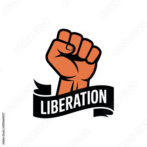 A raised fist with a banner reading liberation in a bold graphic design