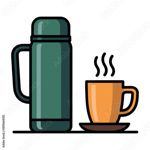 A cartoon illustration of a green thermos and a steaming hot cup of coffee on a saucer