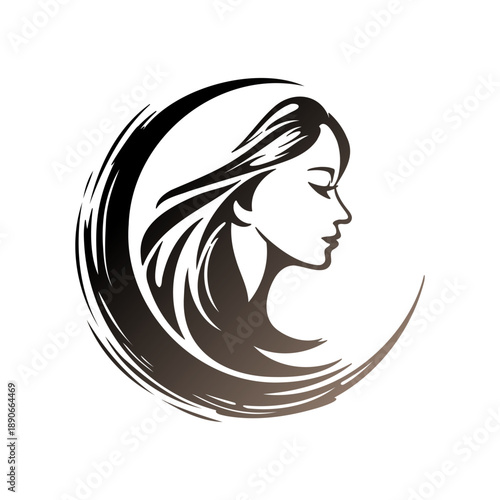 Beautiful woman face profile silhouette with long flowing hair logo design