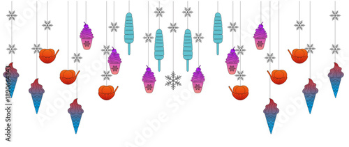 monochrome sketch of hanging decoration of ice cream flavor variants drawn in continuous line style. Vector decoration for frames, decorations and more