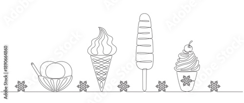 continuous line monochrome sketch of various ice cream flavors drawn in continuous line style.