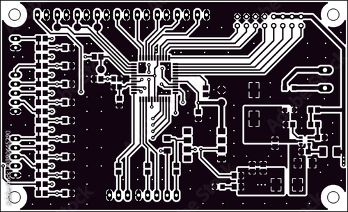 Tracing conductors of printed circuit board
of electronic device. Vector engineering 
drawing of pcb design. Electric background.
Computer technic cad project.