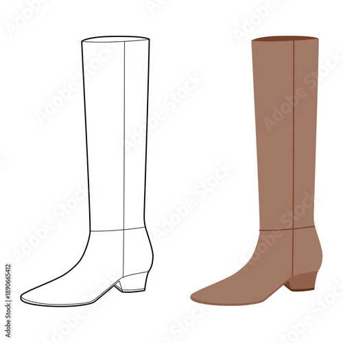 Brown classic block heel knee-high boot women flat plus line set. Smooth shaft with stacked heel for work event. Technical fashion illustration CAD mockup mixed vector men unisex isolated chic style