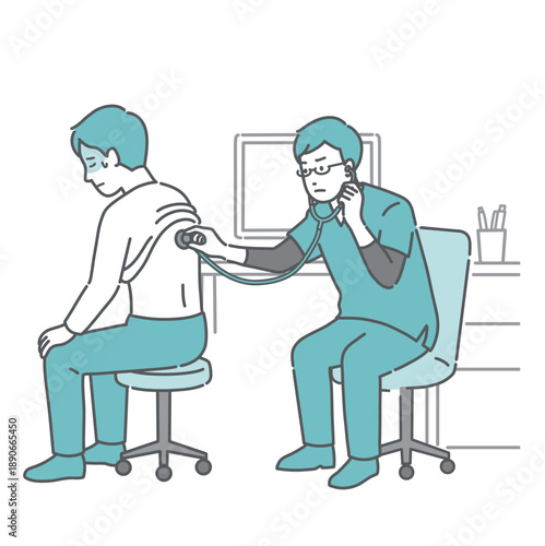 背中の聴診を受ける冷や汗をかいた男性と深刻な表情のスクラブの男性医師のイラスト