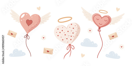 Heart-shaped balloons with wings and halos floating among clouds and love letters.