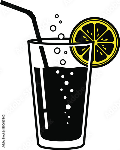 A glass of soda with a straw and lemon slice