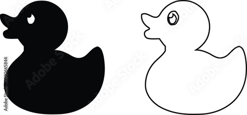 Black and white rubber duck illustrations side by side facing right