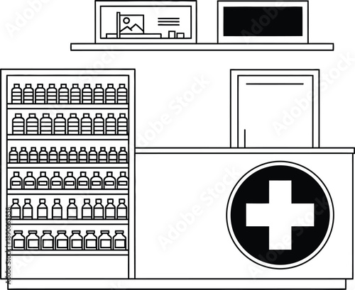 Black and white illustration of a pharmacy counter with shelves of bottles and a cross