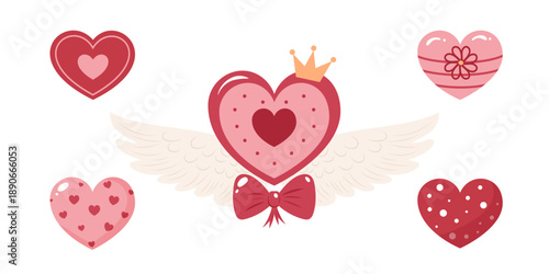 Valentine set. Decorative hearts with wings, crown and bow. love, romance and celebration