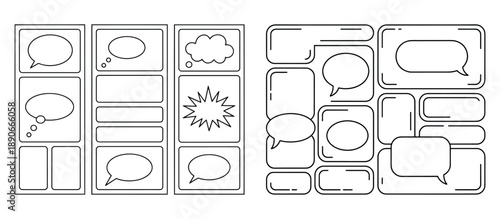 Comic Strip Layout with Speech Bubble Frames in Black and White Outline Style, Outline Comic Strip Frames, Modern comic-style panel layout