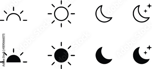Collection of various sun and moon phase icons in simple line style