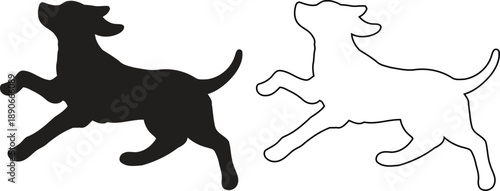 Black and white dog silhouettes running side by side