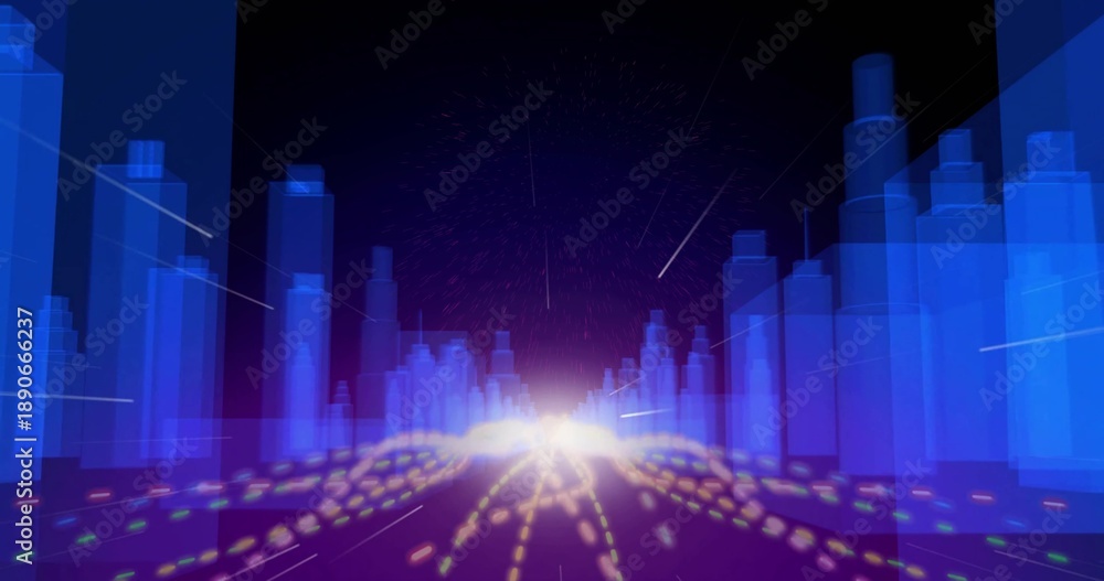 Naklejka premium Pulling view, bright horizon light guiding dotted roadway through city corridor with blue towers