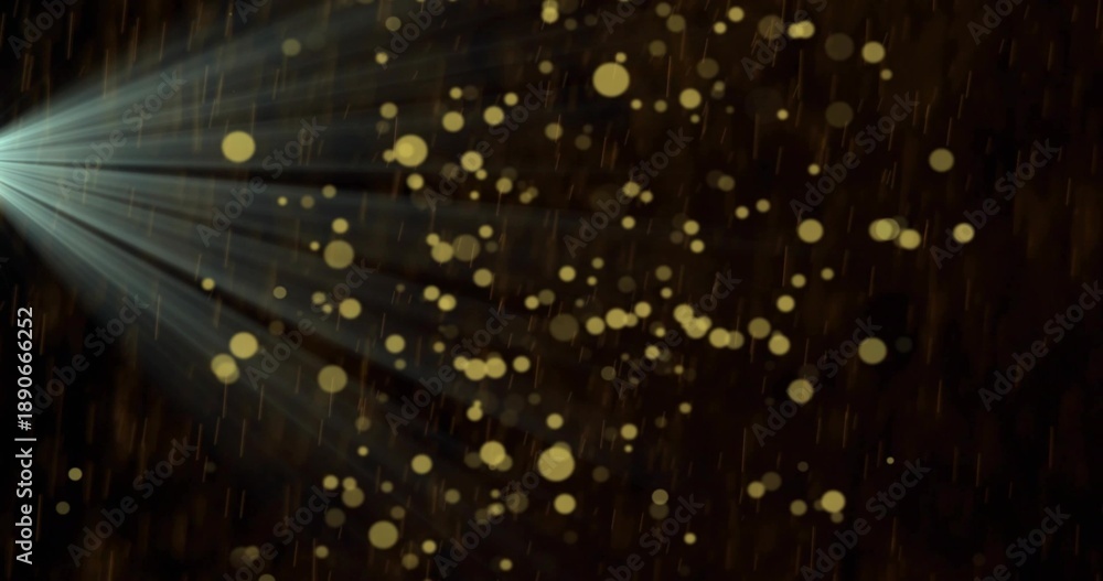 Fototapeta premium Streaming bright cool-white beam cutting through dark studio, showing golden bokeh dust and streaks